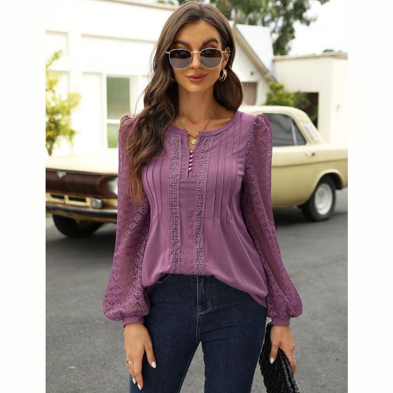 Women’s Crewneck Lace Crochet Eyelet Tops Long Sleeve Pleated T Shirts Casual Tunic Blouses, 2 of 7