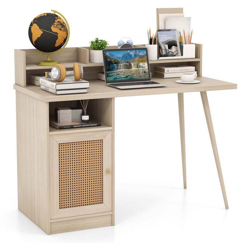 Costway 48'' Computer Desk with Hutch Mid Century Workstation PE Rattan Cabinet Walnut/White, 1 of 11