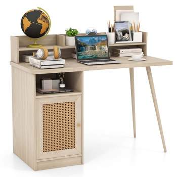 Costway 48'' Computer Desk with Hutch Mid Century Workstation PE Rattan Cabinet Walnut/White