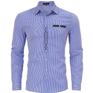Men's Shirts Casual Slim Fit Plaid Button Down Dress Shirt,2XL,Small Blue Plaid - 1 of 4