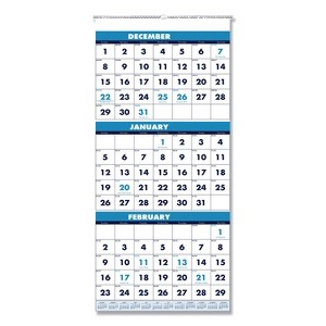 Recycled Three-Month Format Wall Calendar, Vertical Orientation, 12.25 x 26, White Sheets, 14-Month: Dec 2025 to Jan 2027 - 1 of 4