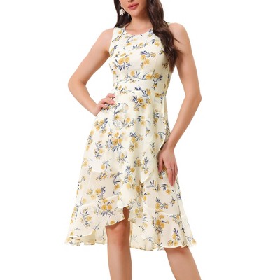Allegra K Women's Wrap Ruffle High Low Hem Round Neck Keyhole Back Sleeveless Floral Dress