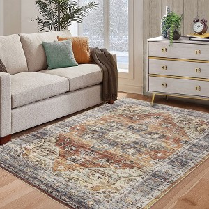 Vintage Persian Distressed Area Rug Washable Medallion Print Carpet - 1 of 4