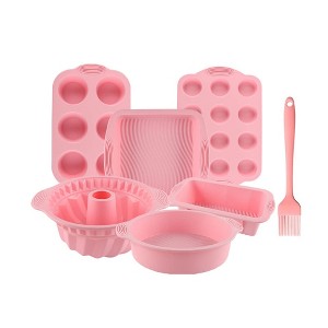 Itopfox Nonstick Silicone Bakeware Set, 7-Piece Baking Cake Pan Kit, BPA Free Heat Resistant with Silicone Brush for Bread Pizza Cupcake Muffin - 1 of 4