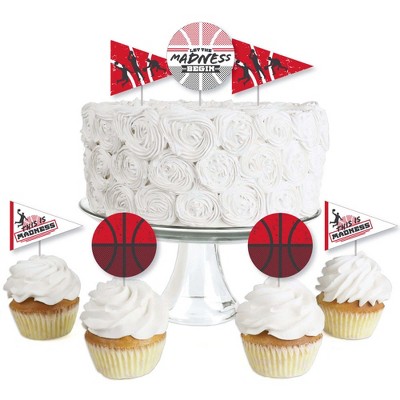 Big Dot of Happiness Red Basketball - Let the Madness Begin - Dessert Cupcake Toppers - College Basketball Party Clear Treat Picks - Set of 24