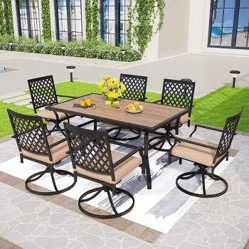 7pc Patio Dining Set with Rectangular Faux Wood Table and Umbrella Hole & Swivel Chairs with Removable Cushions - Captiva Designs