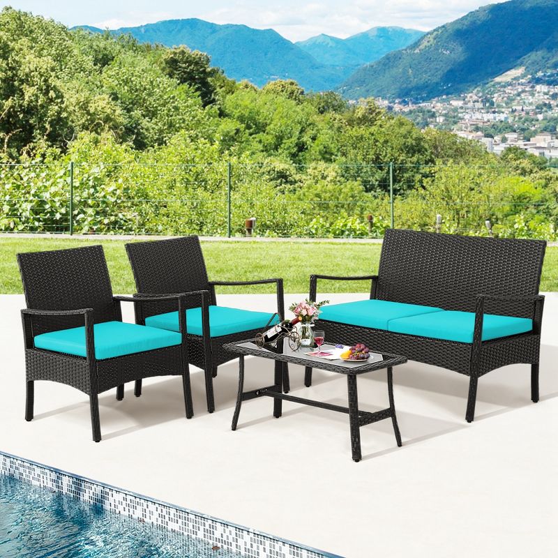 Costway 4PCS Patio Wicker Furniture Set Cushioned Chairs& Loveseat with Coffee Table Garden, 1 of 8