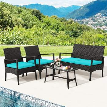Costway 4PCS Patio Wicker Furniture Set Cushioned Chairs& Loveseat with Coffee Table Garden