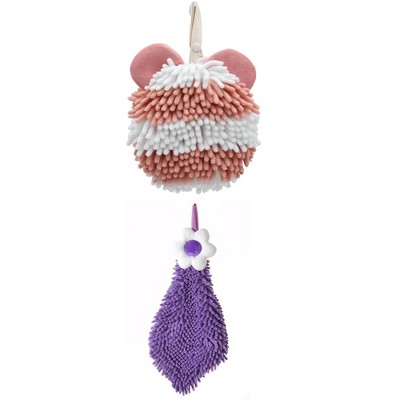 REGALWOVEN Soft Absorbent Cute Fuzzy Hanging Decorative Bathroom Chenille Hand Towel 6" x 15"/7" x 7" 2 Packs