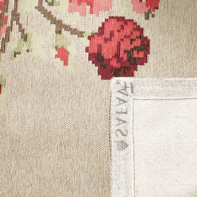 Beige and Red Floral Cotton Low Pile Area Rug