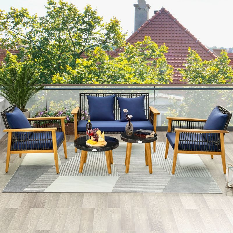 Costway 5PCS Outdoor Rattan Woven Conversation Set Stable Acacia Wood Frame for Backyard Navy/Beige, 4 of 11