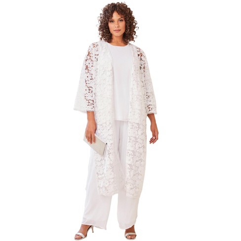 Roaman's Women's Plus Size Three-piece Lace Duster & Pant Suit, 22 W -  White : Target