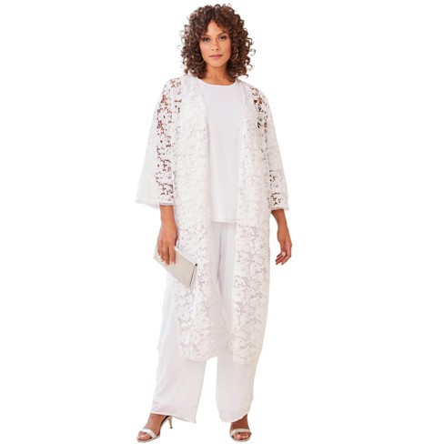 Roaman's Women's Plus Size Three-Piece Lace Duster & Pant Suit