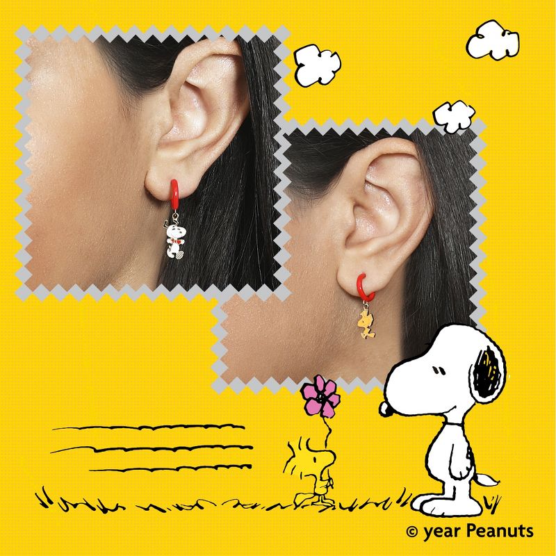 Peanuts Womens Gold Plated Sterling Silver and Enamel Woodstock and Snoopy Hoop Dangle Earrings, 2 of 7