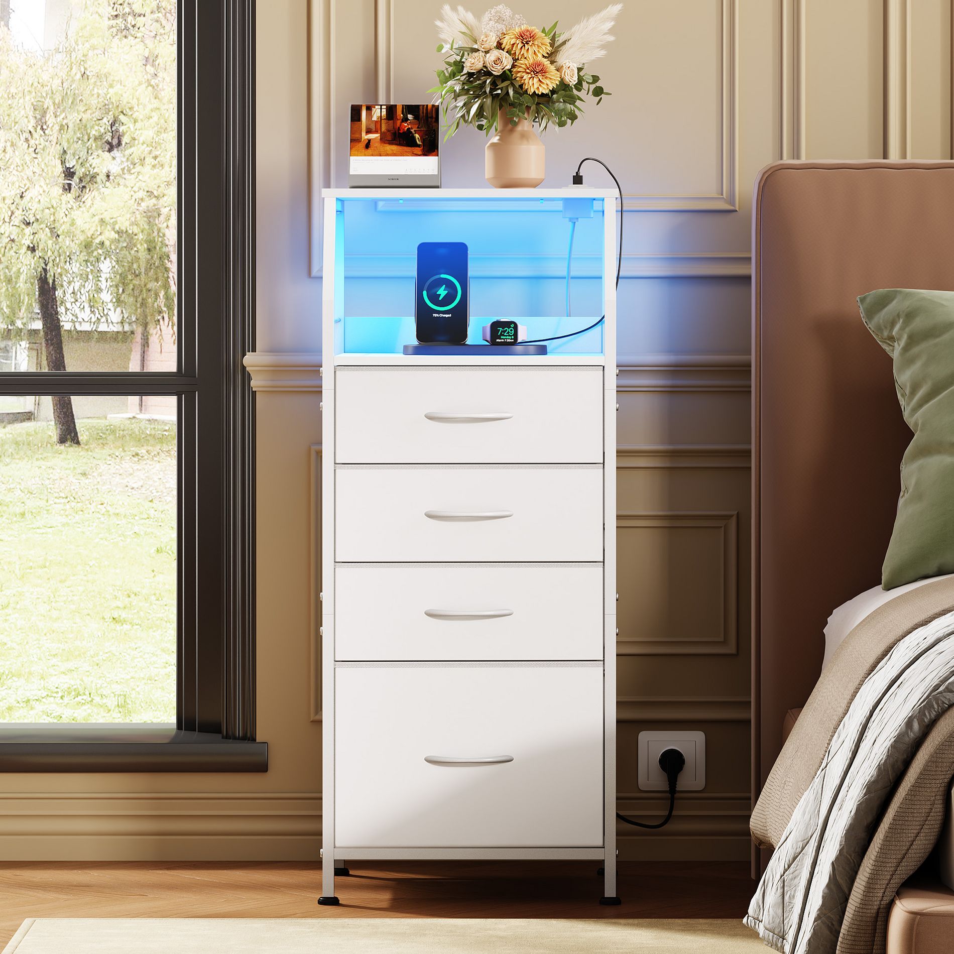 DEXYLLO Dresser with 4 Drawers Tall Nightstand and End Table with Charging Station LED Light, Fabric Bins, Wood Shelf, USB Ports and Outlets