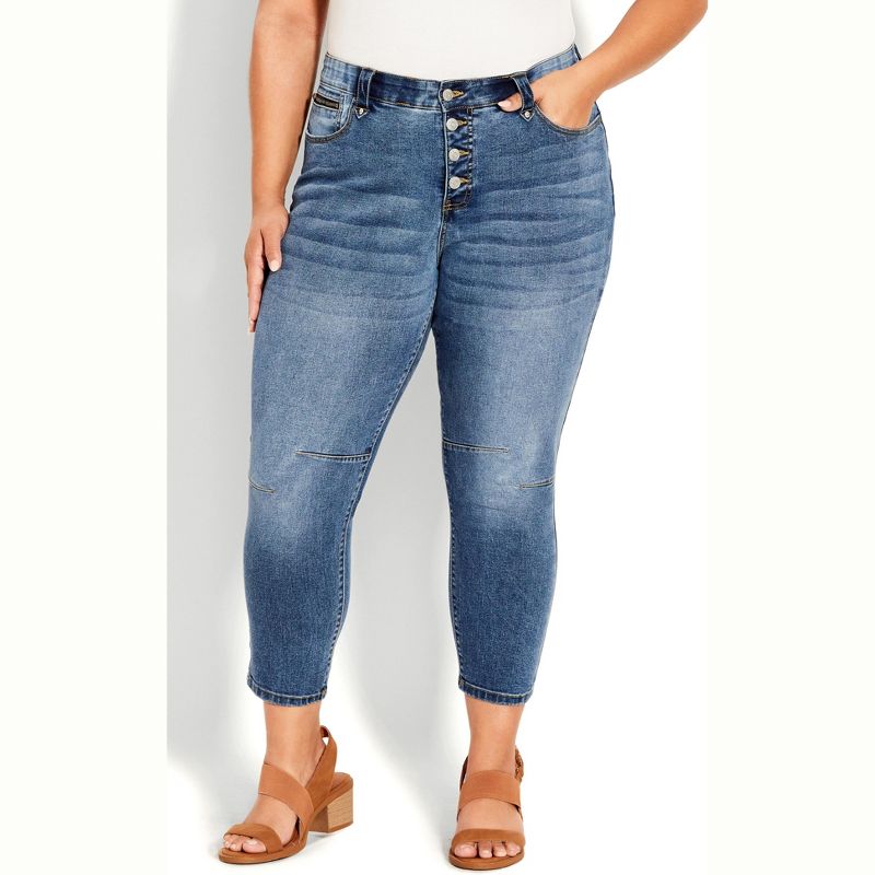 Women's Plus Size Crop Exposed Button Jean - mid wash | AVENUE, 3 of 8