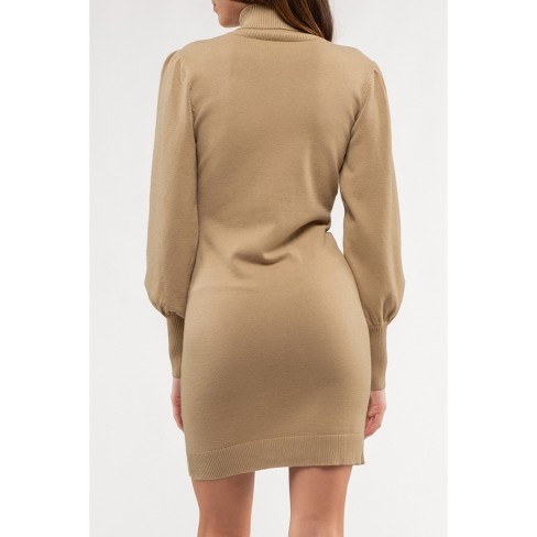 August Sky Women's Lantern Sleeve Sweater Mini Dress (tan S) : Target