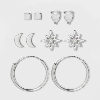 Sterling Silver with Cubic Zirconia Star, Moon, Tear Drop and Endless Hoop Stud Earring Set 5pc - A New Day™ Silver