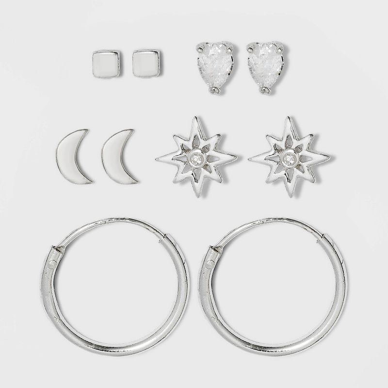 Sterling Silver with Cubic Zirconia Star, Moon, Tear Drop and Endless Hoop Stud Earring Set 5pc - A New Day&#8482; Silver, 1 of 3