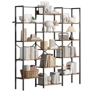5-Tier Triple Column Bookshelf with 14 Adjustable Shelves - Industrial Steel Frame with X-Back Brace, Anti-Tip Design, for Living Room, Office, Home - 1 of 4