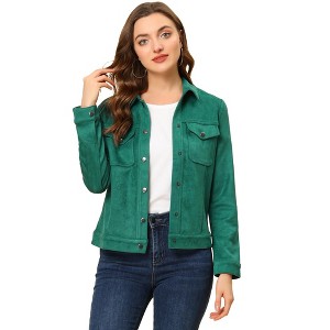 INSPIRE CHIC Women's Turn-Down Collar Flap Pockets Snap Button Faux Suede Jacket - 1 of 4