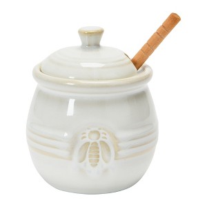 Storied Home Farmhouse Embossed Stoneware Honey Pot with Wood Honey Dipper - 1 of 4