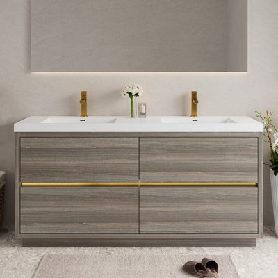 GlasFlength Bathroom Storage Cabinets, Freestanding, Open shelving Bathroom Vanity，Assembly Required, Gray, 70.87"*19.75"*35.5"