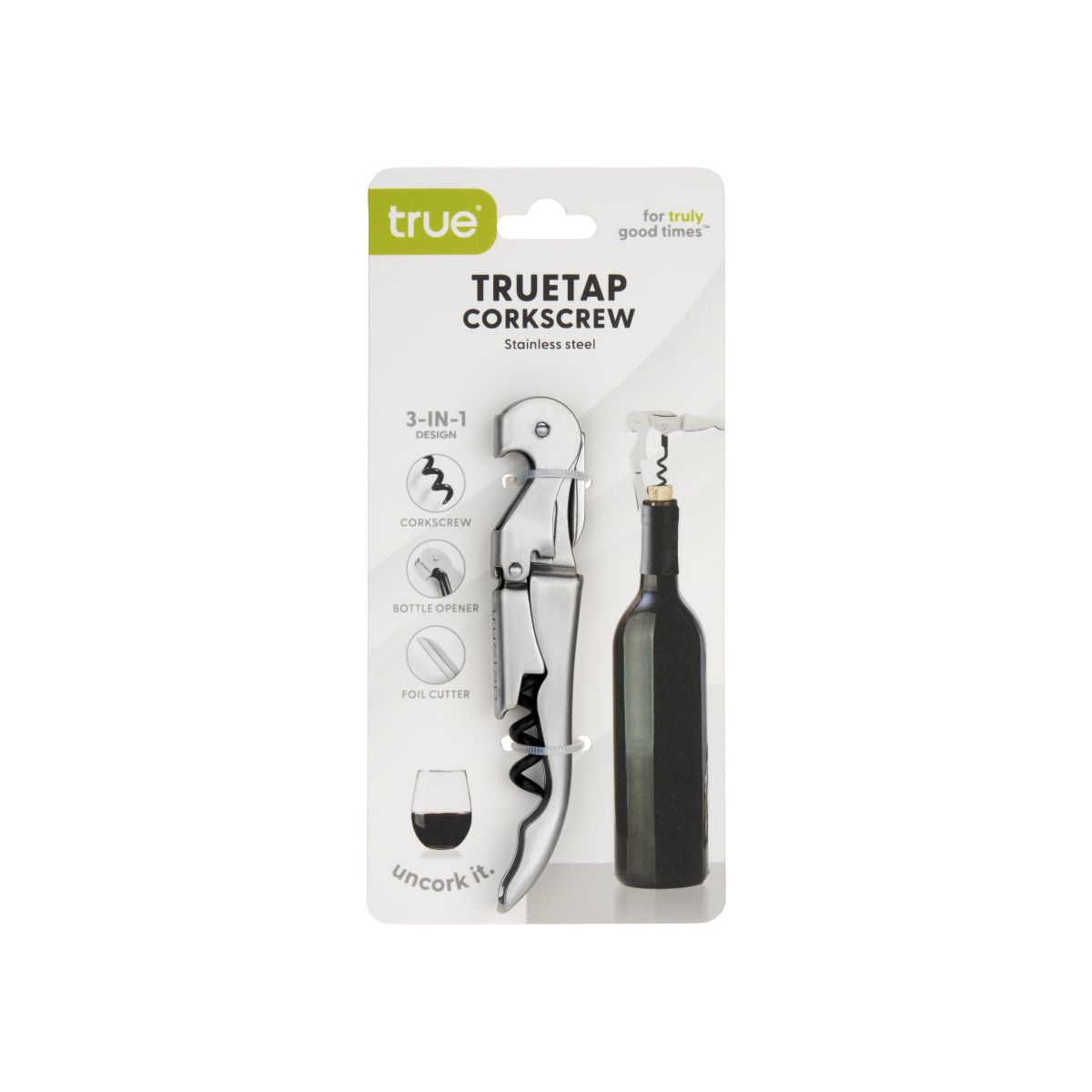 True Truetap Double Hinged Corkscrew Wine Opener, Stainless Steel Wine Key, Built-in Bottle Opener & Foil Cutter, Home Bar, Wedding Gifts, Silver - thumbnail 9