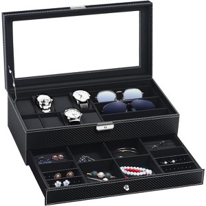 Lockable Watch Box with Glass Top, Black PU Leather Storage Case for Jewelry and Sunglasses, Organizer for Men & Women - 1 of 4
