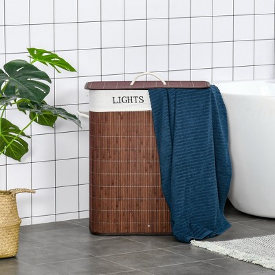 Brown Bamboo Collapsible Laundry Hamper with Lid and Sorter