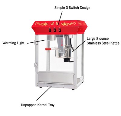 Vintage Red Stainless Steel Countertop Popcorn Machine