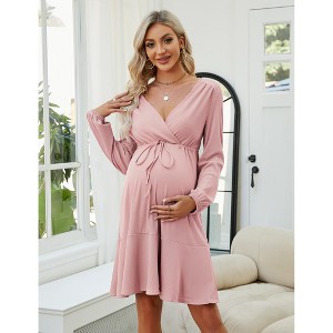 Maternity Dress Lantern Sleeve Ruffle Drawstring Waist Baby Shower Midi Dress Photoshoot - 1 of 4