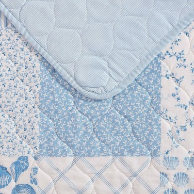 Full Blue Cotton Reversible Quilt Set with Shams