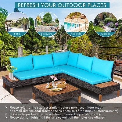 Turquoise Acacia Wood and Rattan 4-Person Patio Conversation Set