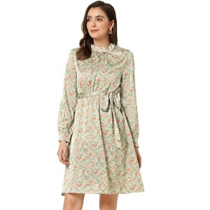 Allegra K Women's Mock Neck Swing Midi Long Sleeve A-line Floral Dress - 1 of 4