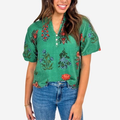 Amaryllis Women’s Green Floral Embroidered Button Front Short Sleeve Relaxed Fit Lightweight