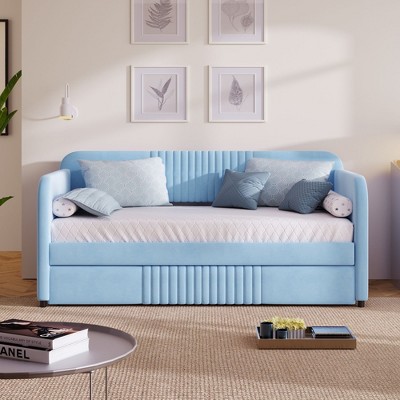 NicBex Twin Size Velvet Fabric Daybed Modern Wooden Bed Frame with Trundle for Bedroom, Living Room, No Box Spring Required, Space Saving