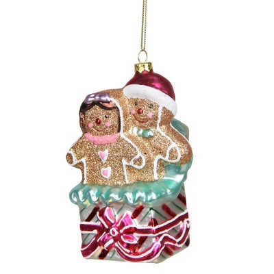 NORTHLIGHT 4.5" Glittered Gingerbread Couples in Gift Box Glass Christmas Ornament - Brown/Pink