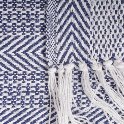 Nautical Blue Herringbone Cotton Throw Blanket with Fringe