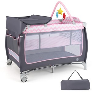 Safstar 3 in 1 Baby Playard Portable Infant Nursery Center w/ Zippered Door Pink - 1 of 4