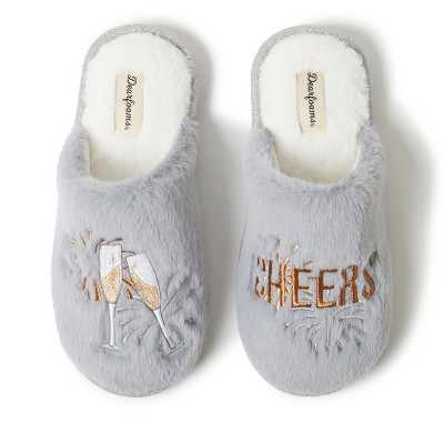 Dearfoams Women s Fluffy Holiday Celebration Gifting Scuff Slipper Sleet Size S