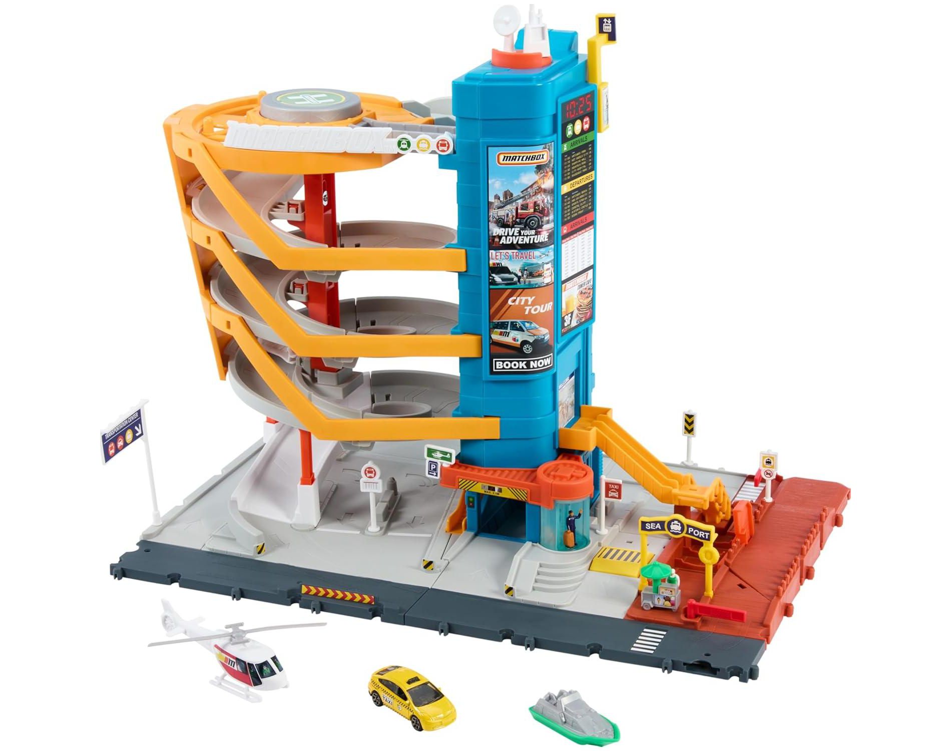 Matchbox Action Drivers Transportation Center with a 1:64 Scale Taxi, Boat & Helicopter Plus a Food Vendor Accessory