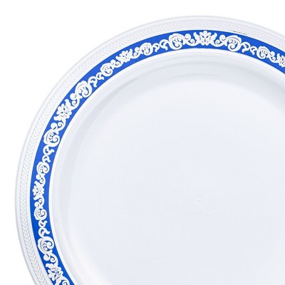 Smarty Had A Party 7.5" White w/ Blue and Silver Royal Rim Plastic Salad Plates - 120 pcs