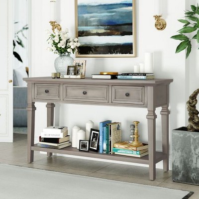 Sapphtopaz Classic Retro Console Table with 3 Top Drawers & Open Style Bottom Shelf, 50" Entryway Sofa Table, Solid Pine Entryway Table