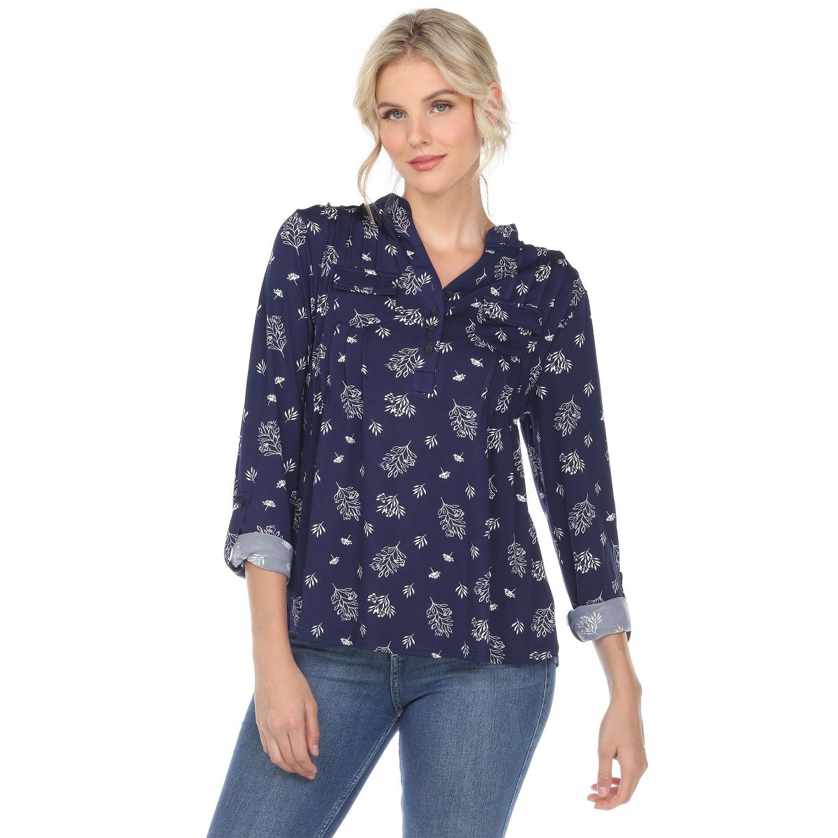Women's Pleated Long Sleeve Leaf Print Blouse - White Mark - thumbnail 6