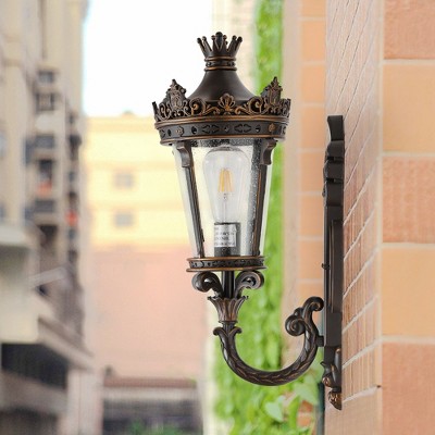 21"(H)Vintage Outdoor Wall Lantern, Waterproof Exterior Wall Sconce with Crown Top and Clear Glass