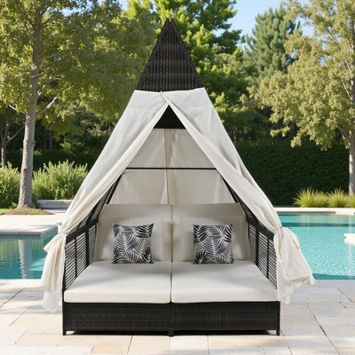Outdoor Patio Rattan Daybed Sunbed with Triangle Tent, Adjustable Backrest, and Curtains