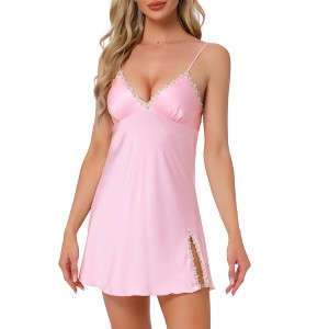 INSPIRE CHIC Women's Silky Floral Lace Satin Side Slit Hem V-Neck Cami Sleeveless Dress - 1 of 4
