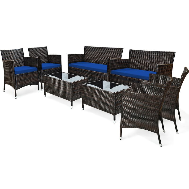 Costway 8PCS Rattan Patio Furniture Set Cushioned Sofa Chair Coffee Table Red\Brown\Turquoise, 3 of 11
