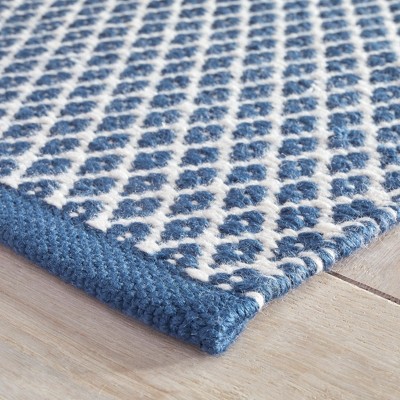 Navy Blue and Ivory Cotton Geometric Flat Woven Rug, 5 x 8